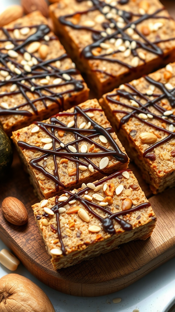Nutty Vegan Protein Bars with Seeds Nutty vegan protein bars with nuts and seeds, drizzled with chocolate, on a wooden board.